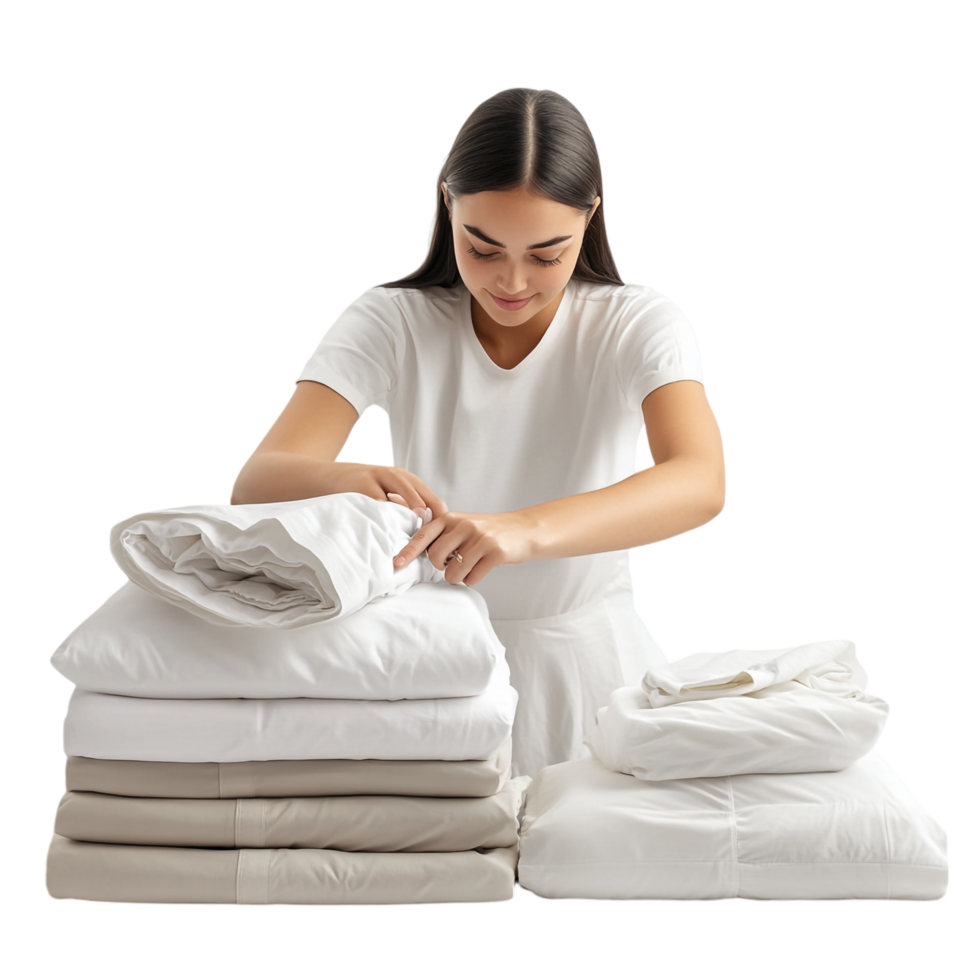 A woman arranging bed linens against a transparent background png