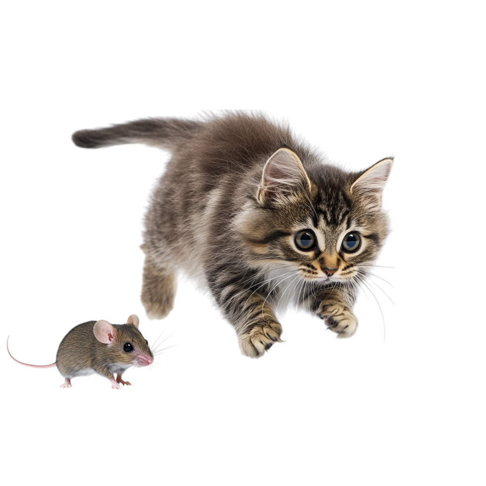 Cat chasing a mouse isolated on transparent background png