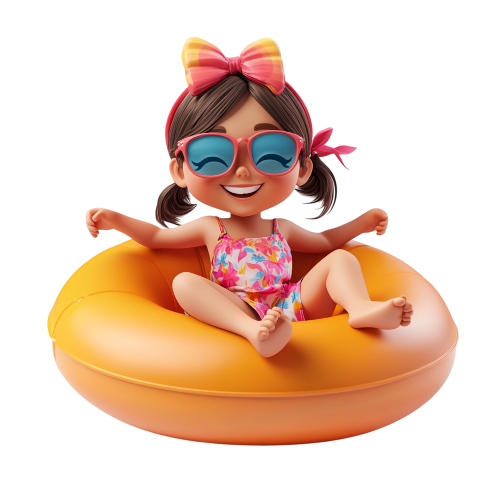 Happy little girl wearing summer clothes with an inflatable ring against a transparent background png