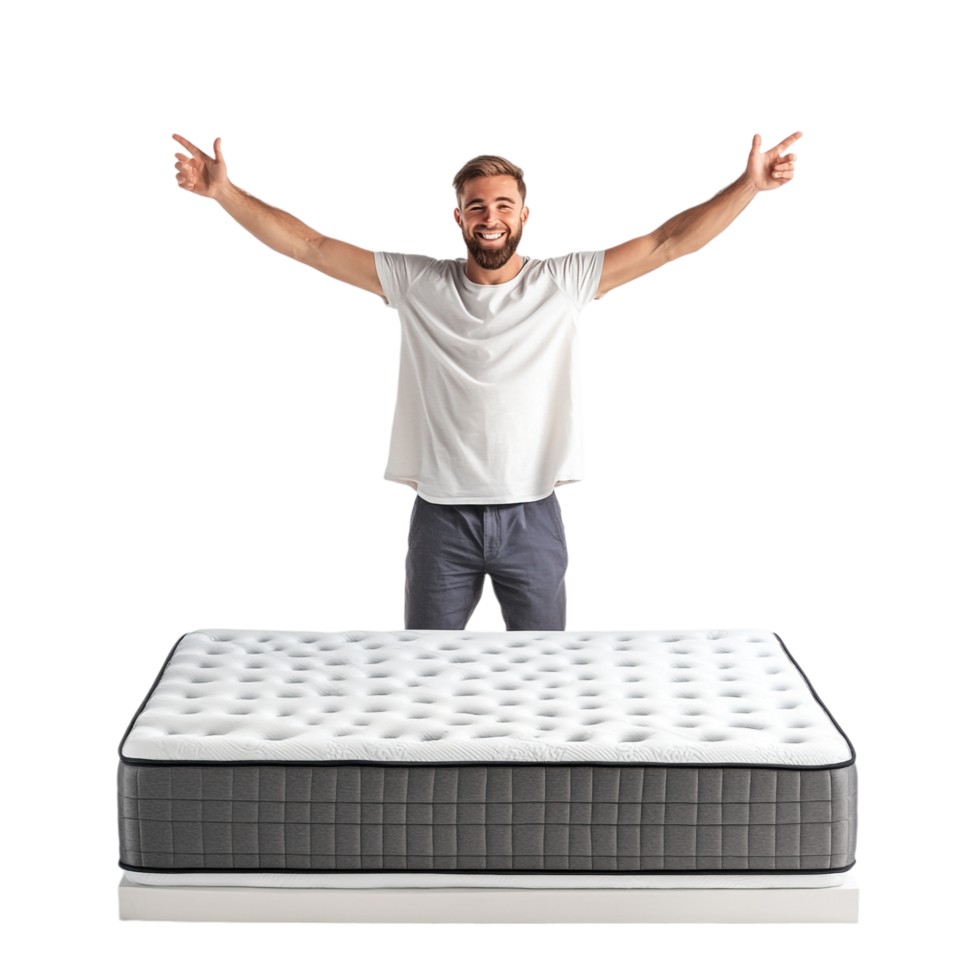 Image of Happy Man Standing with Mattress png