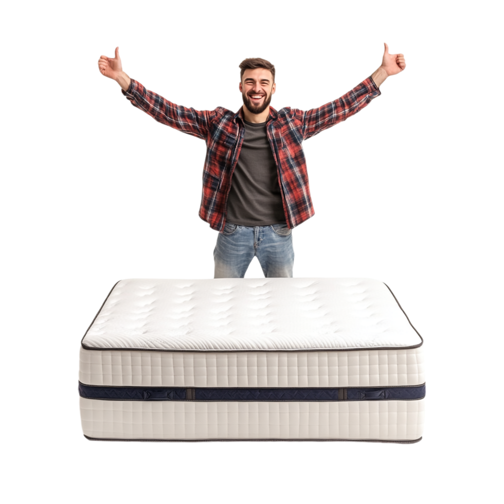 Image of Happy Man Standing with Mattress png
