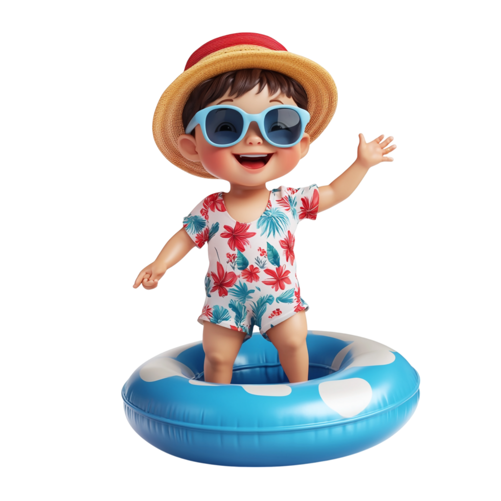 Happy little boy wearing summer clothes with an inflatable ring against a transparent background png