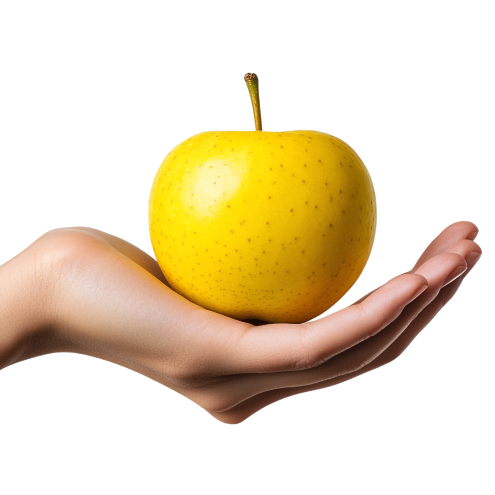 Hand holding a yellow apple on a transparent background png