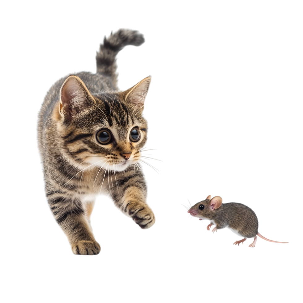 Cat chasing a mouse isolated on transparent background png