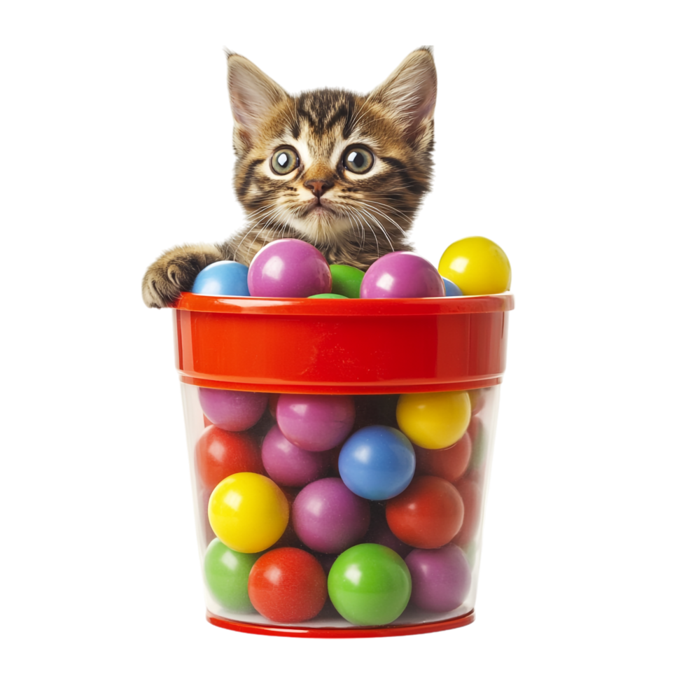 Cat in colorful balls in a large container png