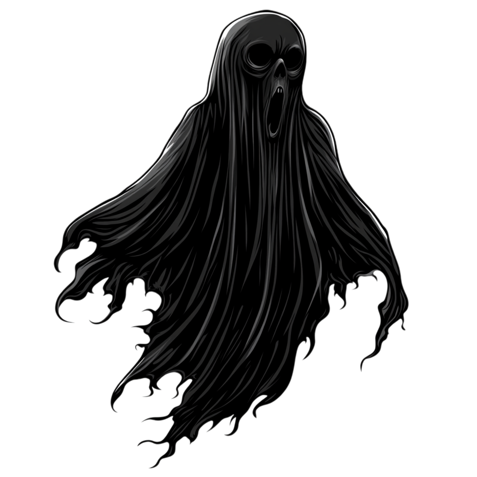 Hand drawn black cartoon illustration of a scary ghost png