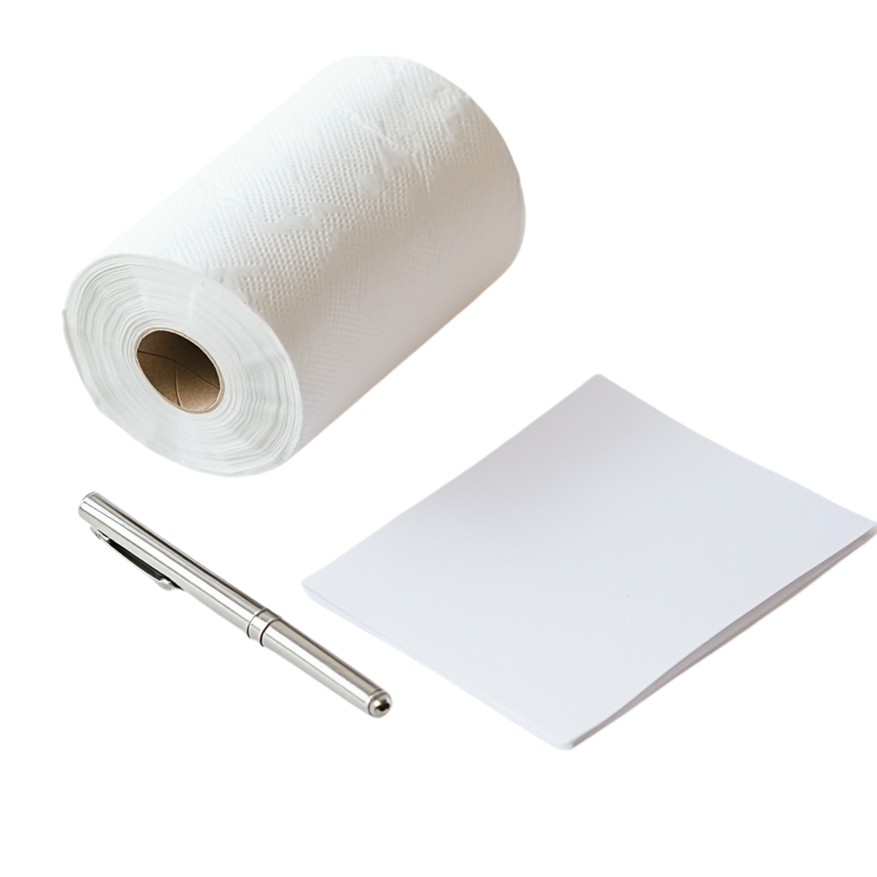 book and a roll of toilet paper on a table next to a transparent background rendered in 8K high detail png