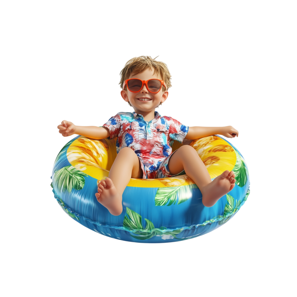 Happy little boy wearing summer clothes with an inflatable ring against a transparent background png