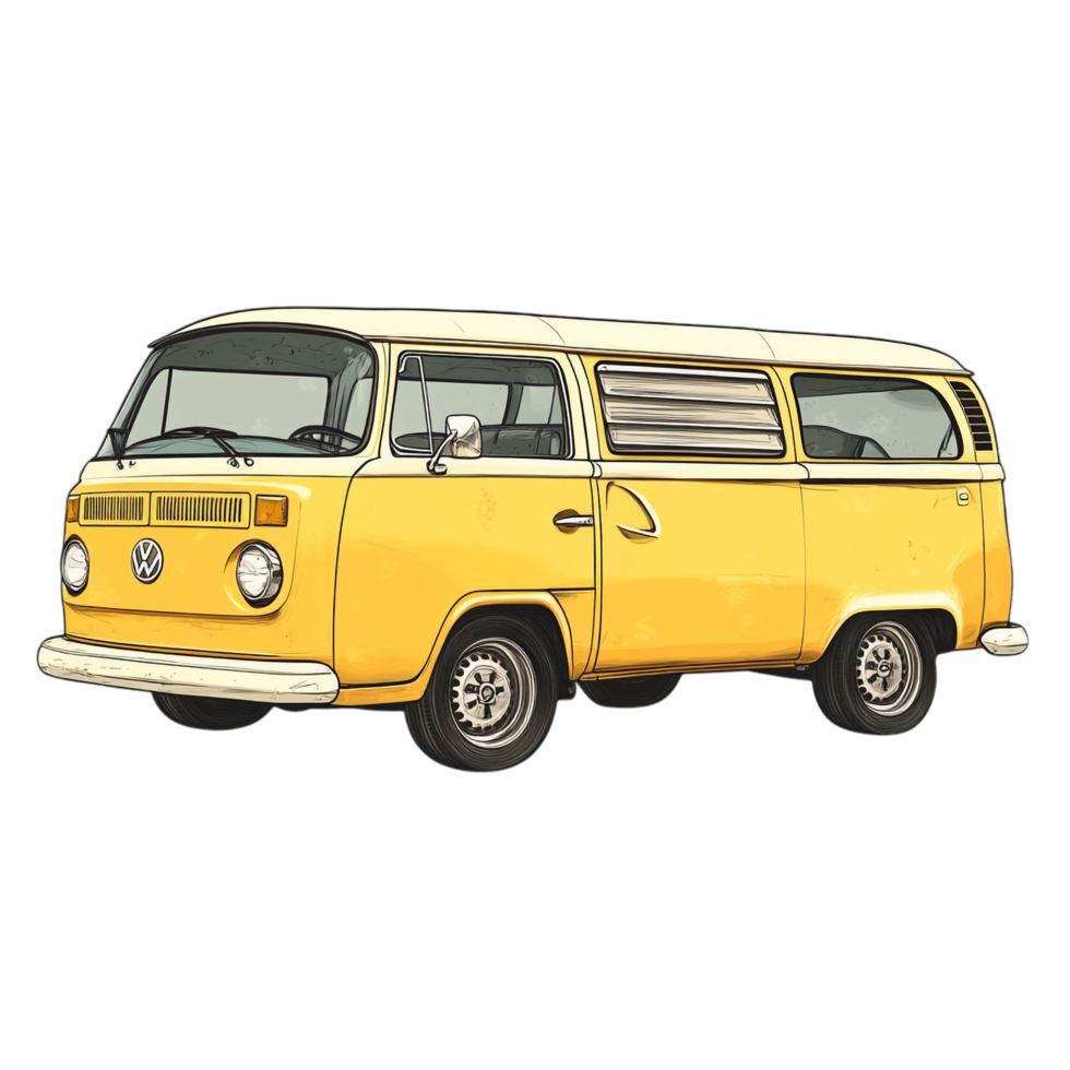 Hand drawn cartoon illustration of a vintage yellow minivan on a transparent background png