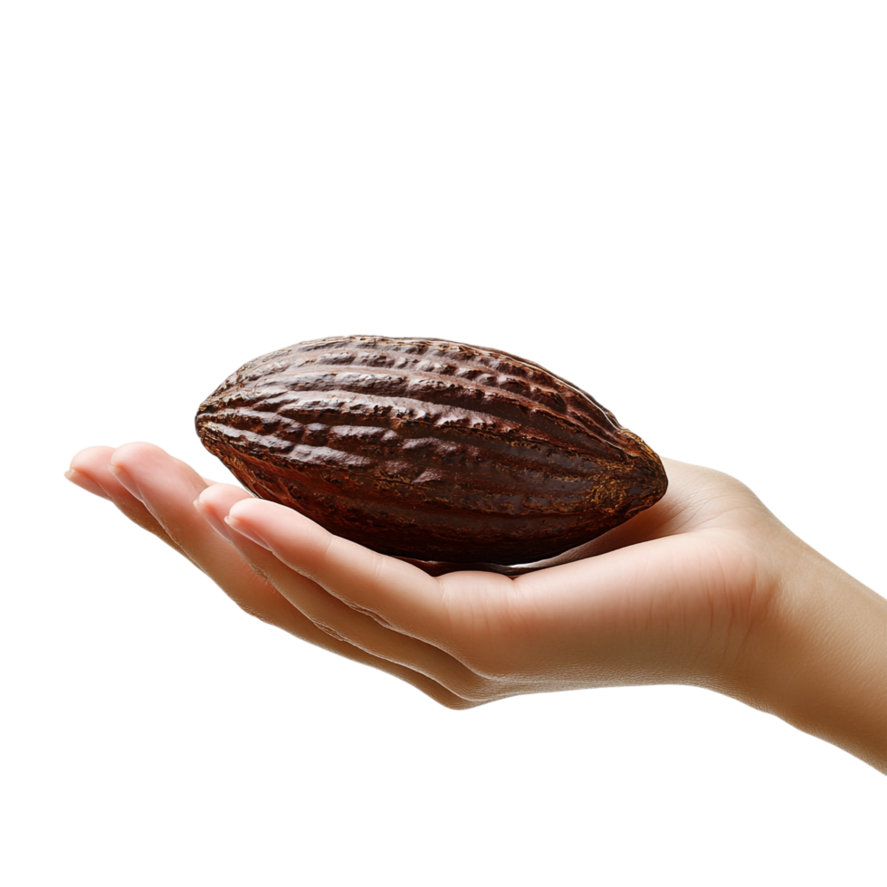 A woman hand gesturing with a cocoa pod against a transparent background png