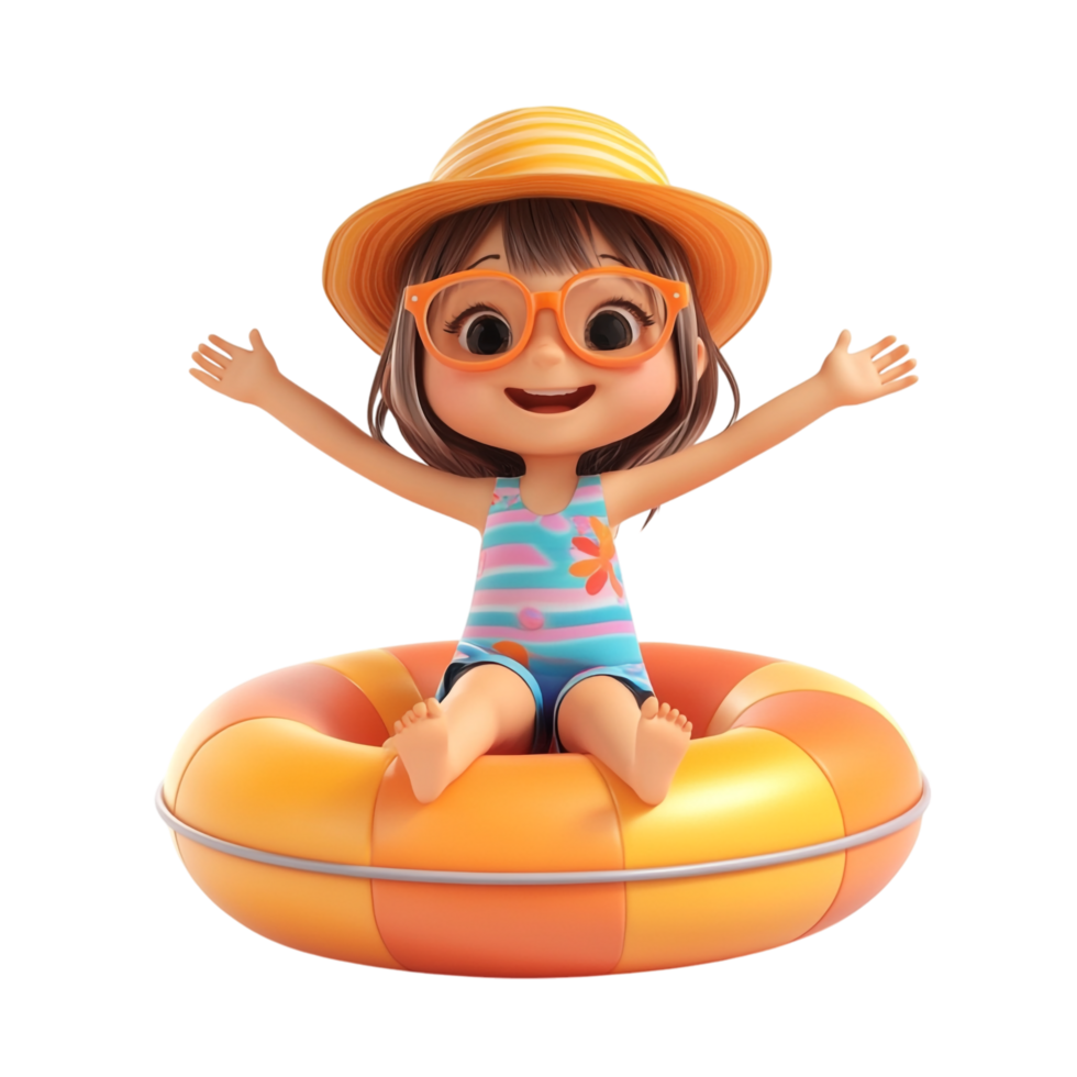 Happy little girl wearing summer clothes with an inflatable ring against a transparent background png