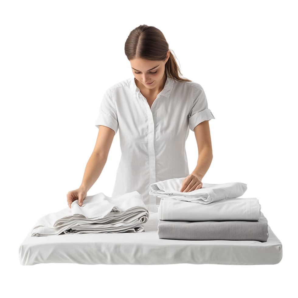 A woman arranging bed linens against a transparent background png