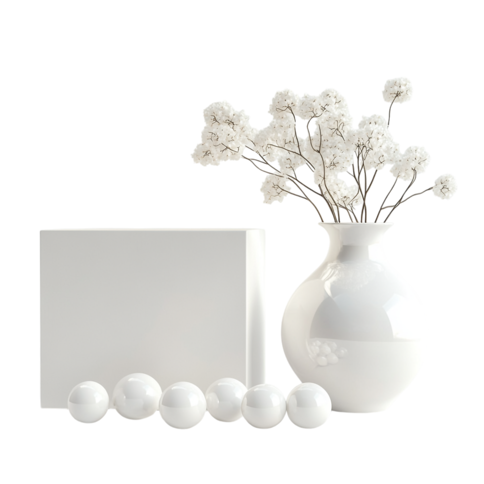 A vase with white balls next to a box png