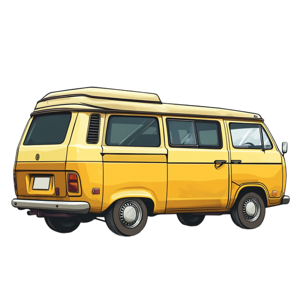 Hand drawn cartoon illustration of a vintage yellow minivan on a transparent background png