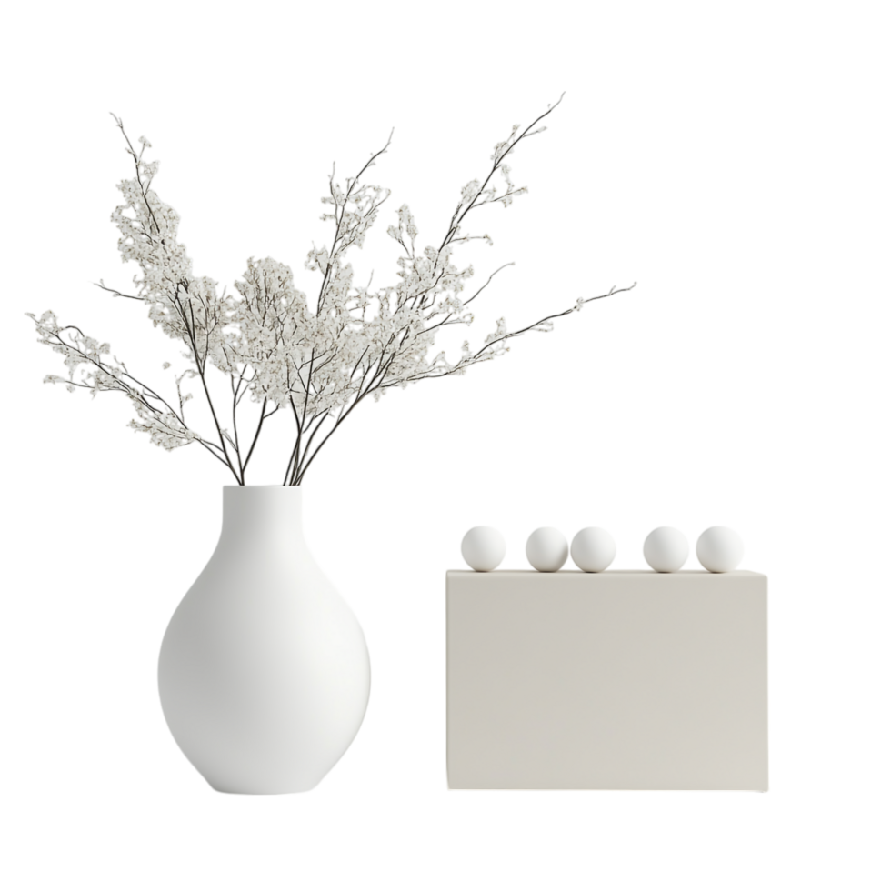 A vase with white balls next to a box png