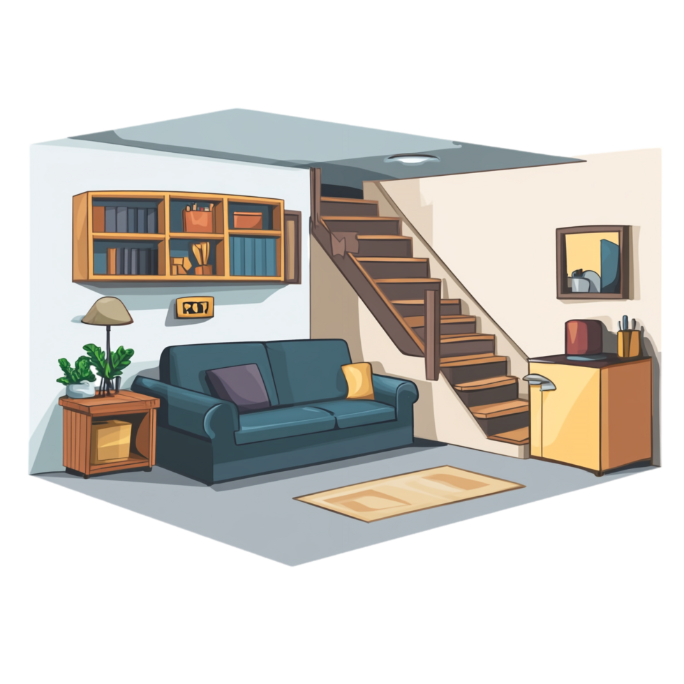 Hand drawn cartoon illustration of a basement scene png