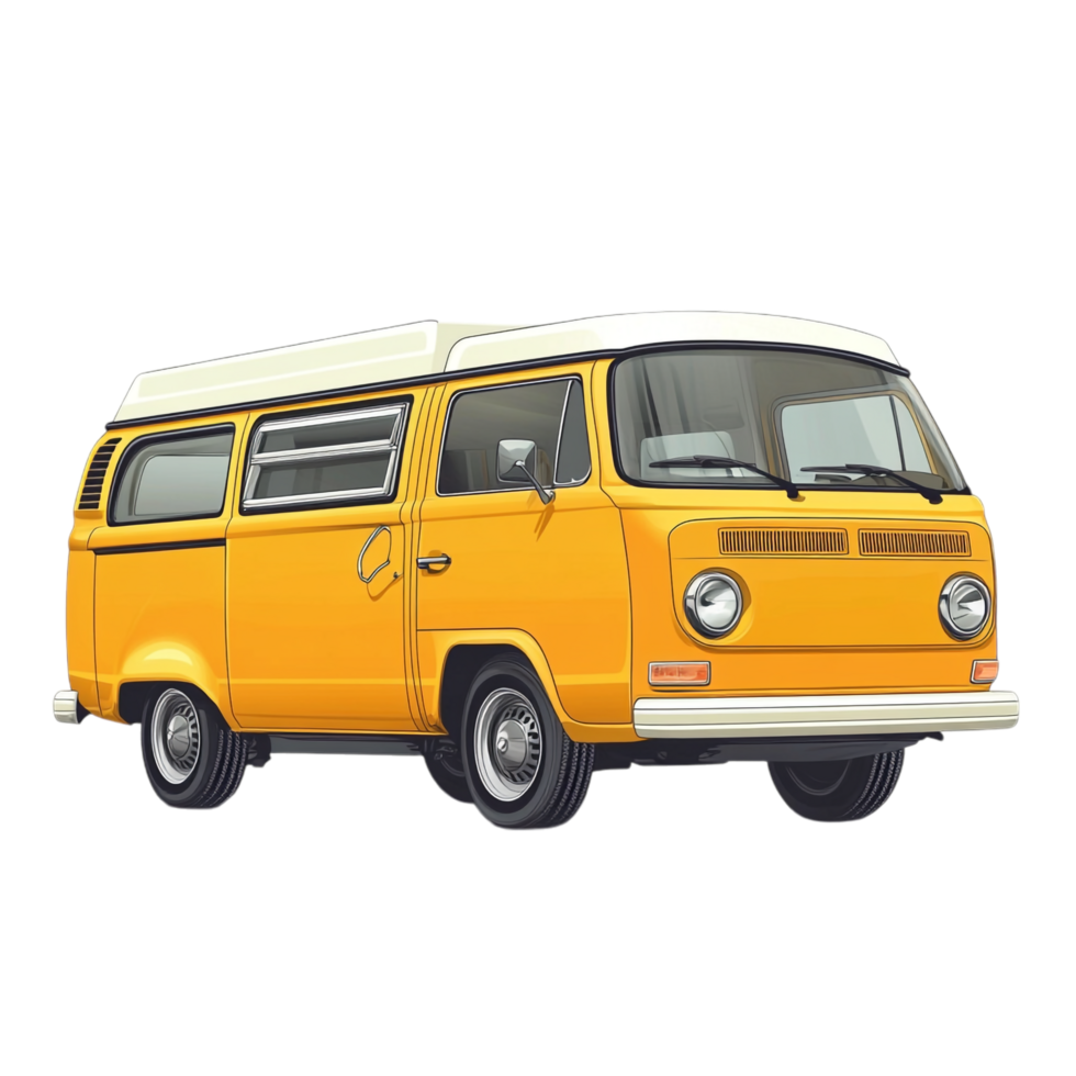 Hand drawn cartoon illustration of a vintage yellow minivan on a transparent background png