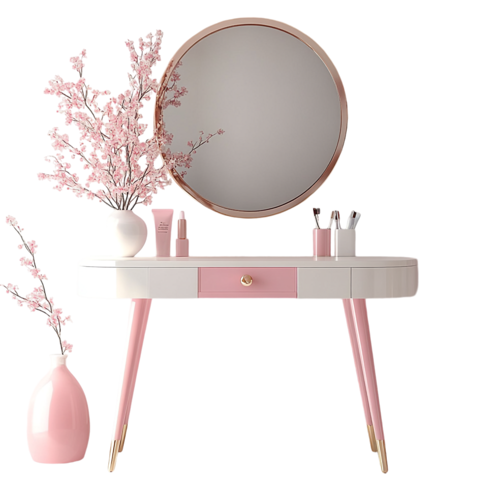 portrait of a vanity table with pink and white decor on a transparent background png