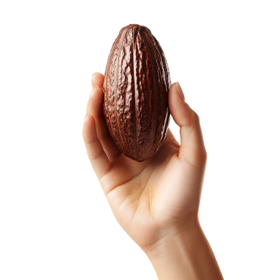 A woman hand gesturing with a cocoa pod against a transparent background png