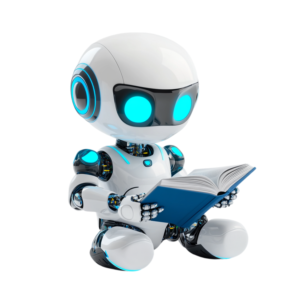 Cute AI Robot Chatbot Reading a Book on transparent background png