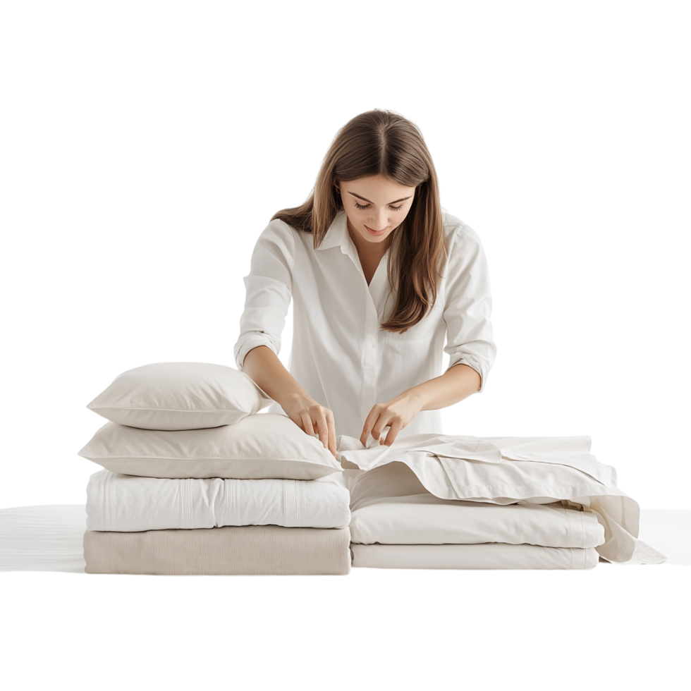 A woman arranging bed linens against a transparent background png