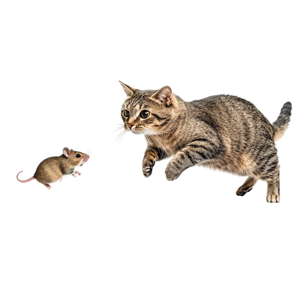 Cat chasing a mouse isolated on transparent background png