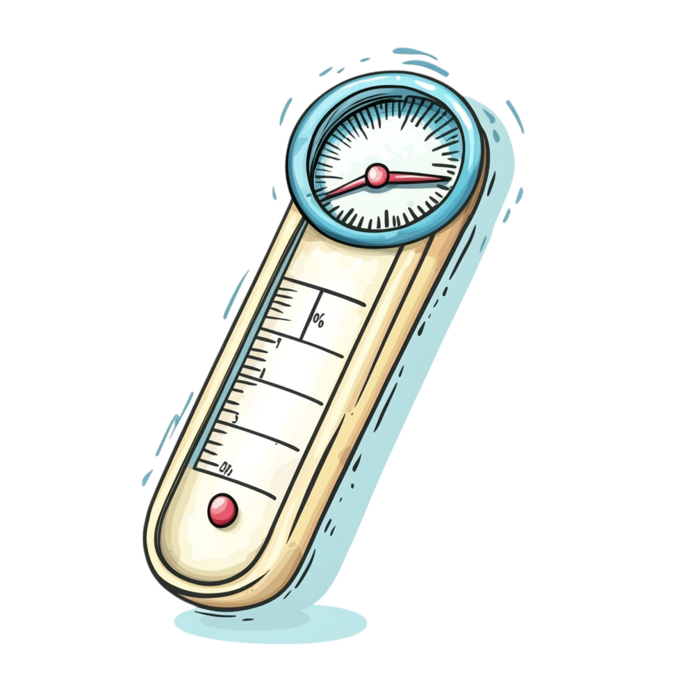 Hand drawn cartoon illustration of a thermometer on a transparent background png