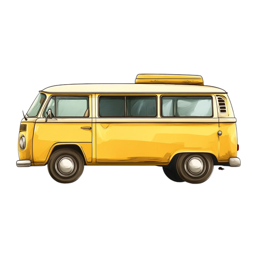 Hand drawn cartoon illustration of a vintage yellow minivan on a transparent background png
