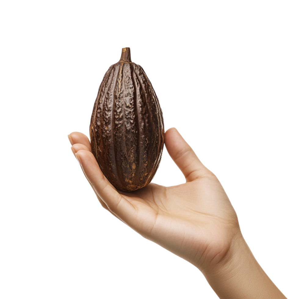A woman hand gesturing with a cocoa pod against a transparent background png