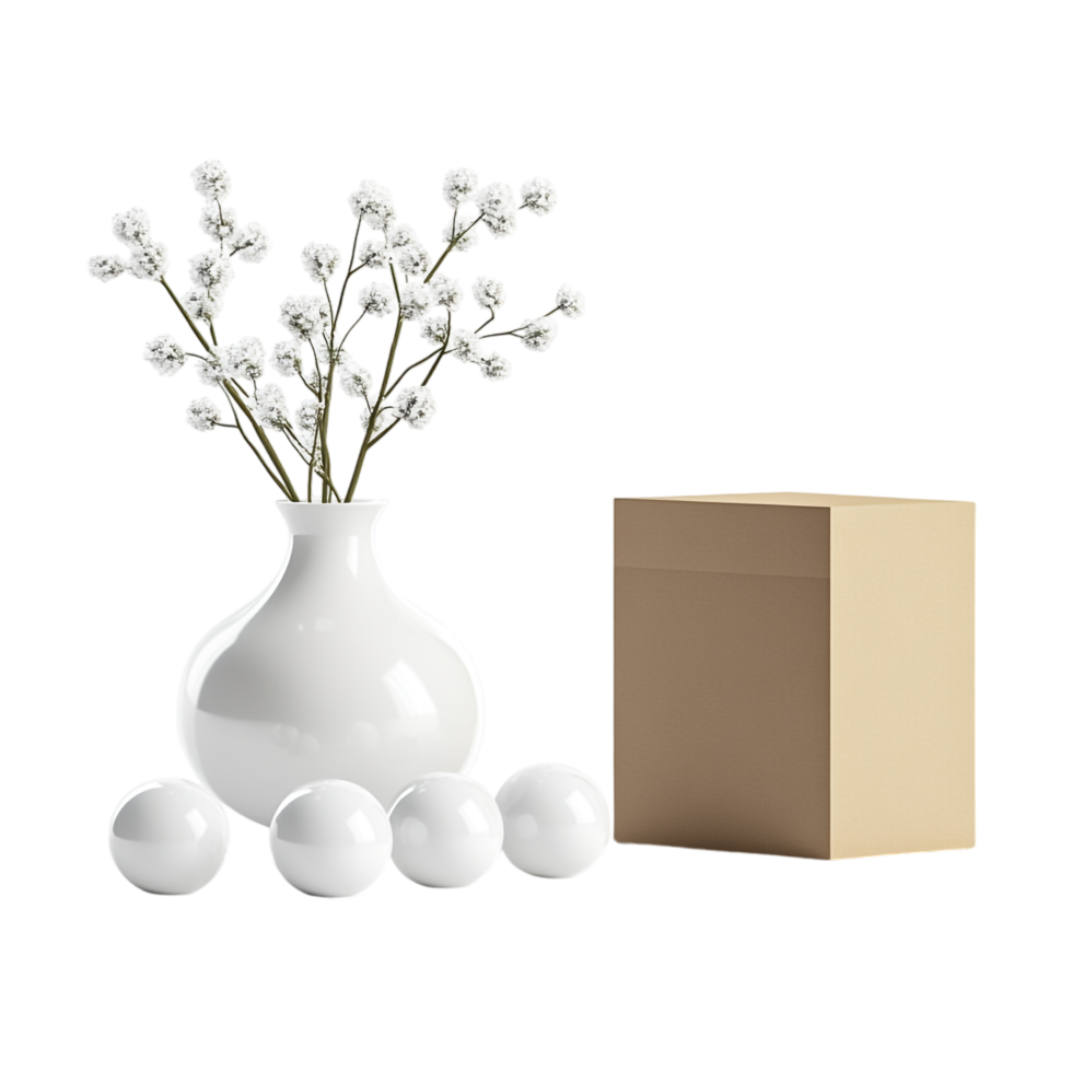 A vase with white balls next to a box png