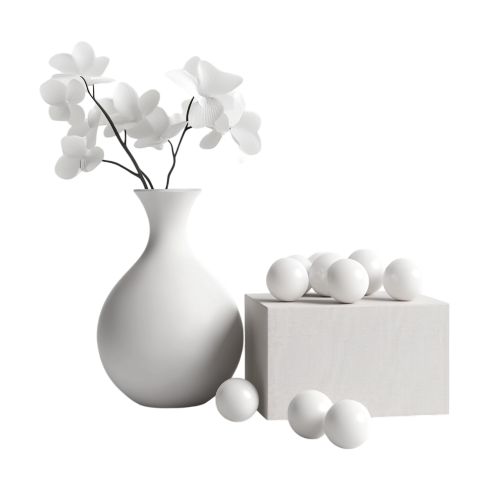 A vase with white balls next to a box png