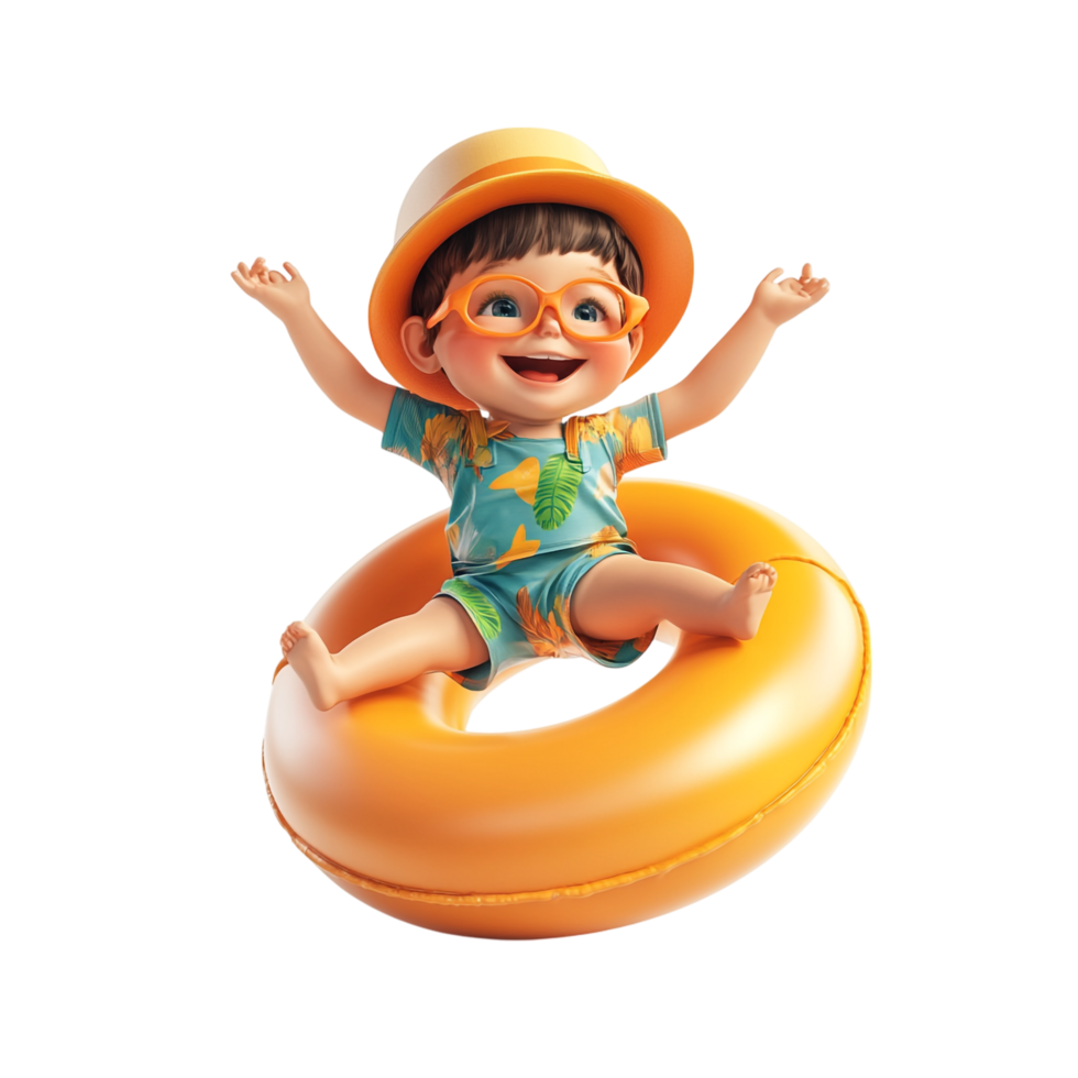 Happy little boy wearing summer clothes with an inflatable ring against a transparent background png