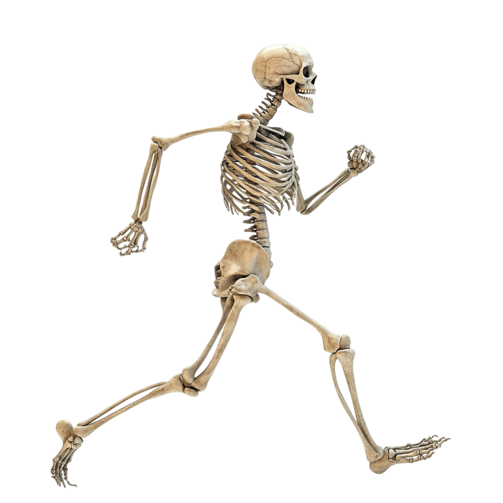 A skeleton running on the road against a transparent background png