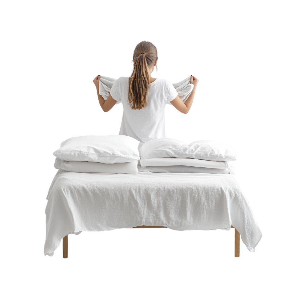 A woman arranging bed linens against a transparent background png