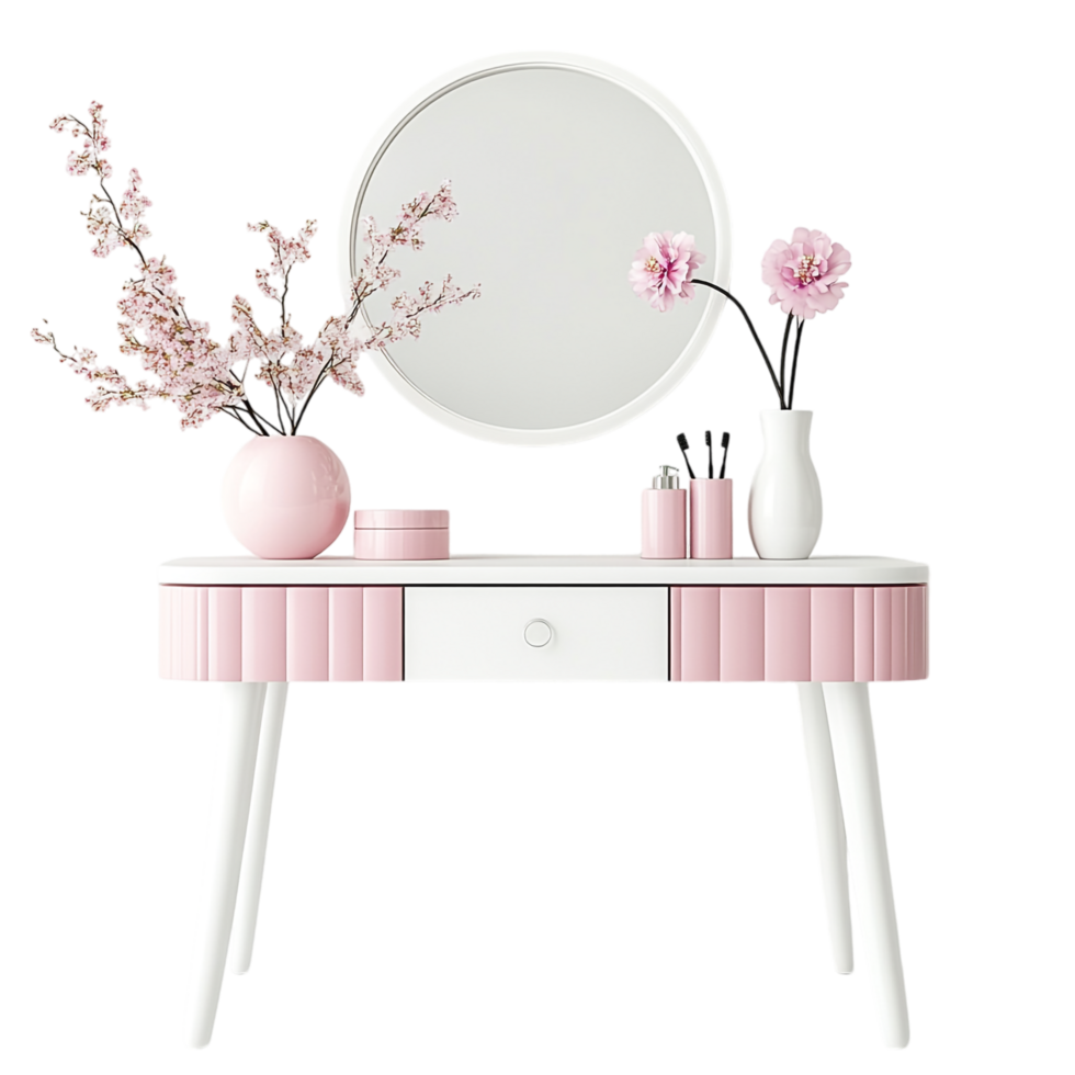 portrait of a vanity table with pink and white decor on a transparent background png