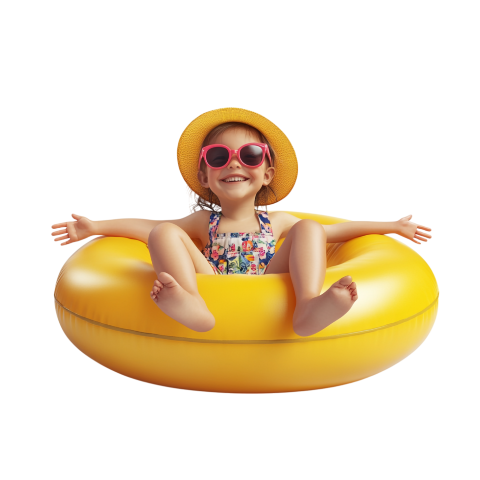 Happy little girl wearing summer clothes with an inflatable ring against a transparent background png