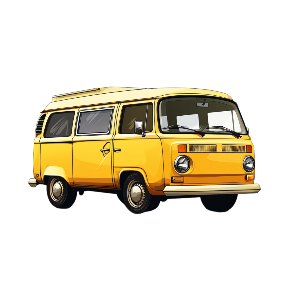 Hand drawn cartoon illustration of a vintage yellow minivan on a transparent background png