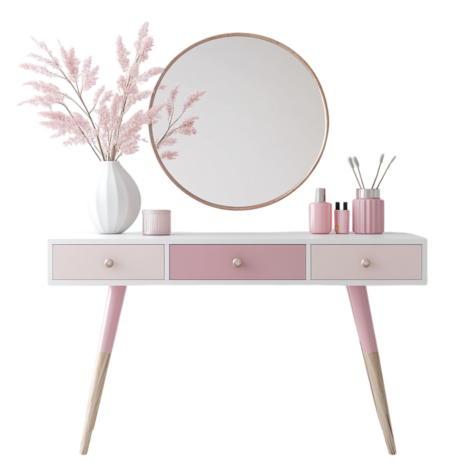 portrait of a vanity table with pink and white decor on a transparent background png