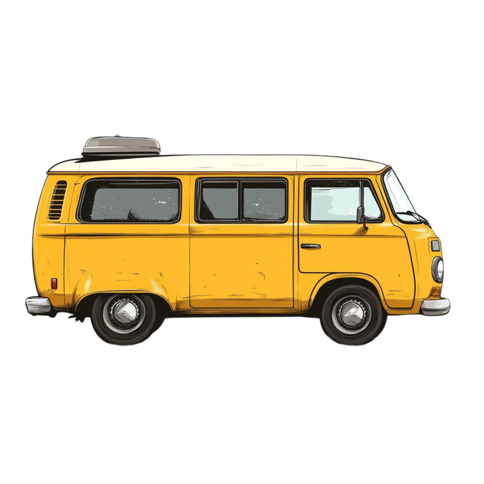 Hand drawn cartoon illustration of a vintage yellow minivan on a transparent background png