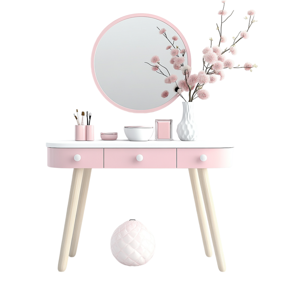 portrait of a vanity table with pink and white decor on a transparent background png