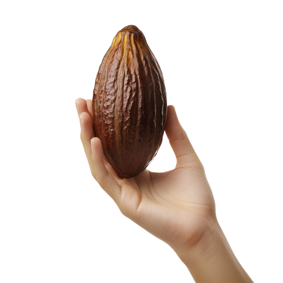 A woman hand gesturing with a cocoa pod against a transparent background png