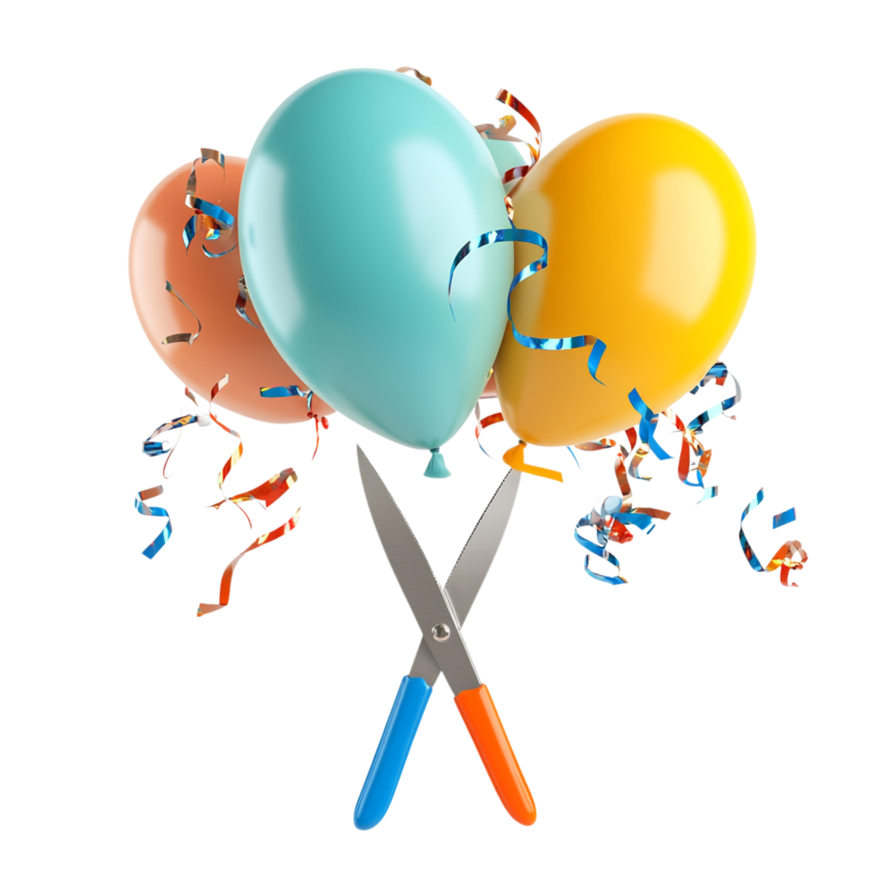 high resolution image of scissors cutting balloons on a transparent background png