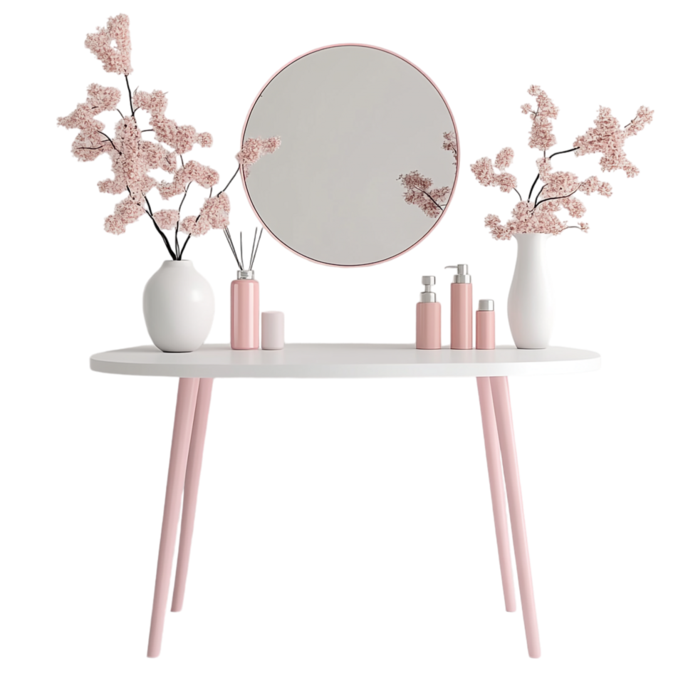 portrait of a vanity table with pink and white decor on a transparent background png