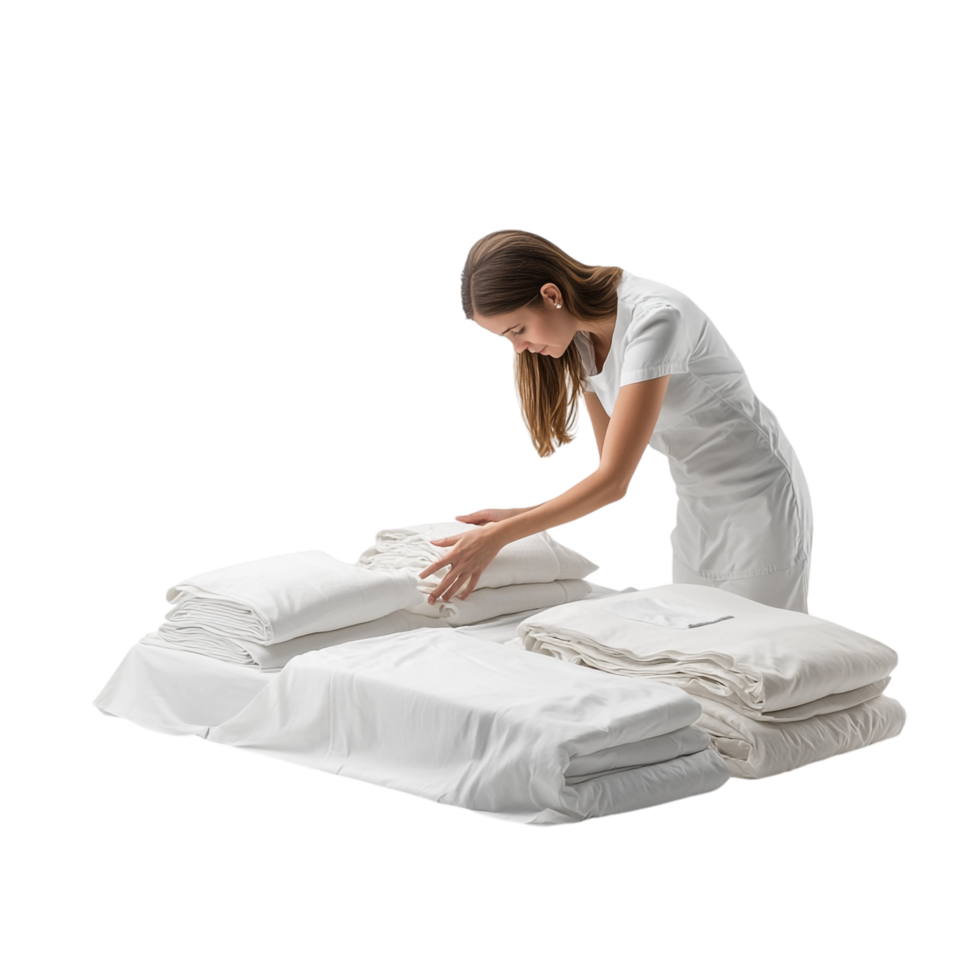 A woman arranging bed linens against a transparent background png