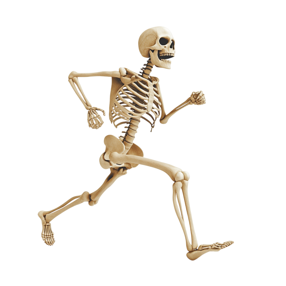 A skeleton running on the road against a transparent background png