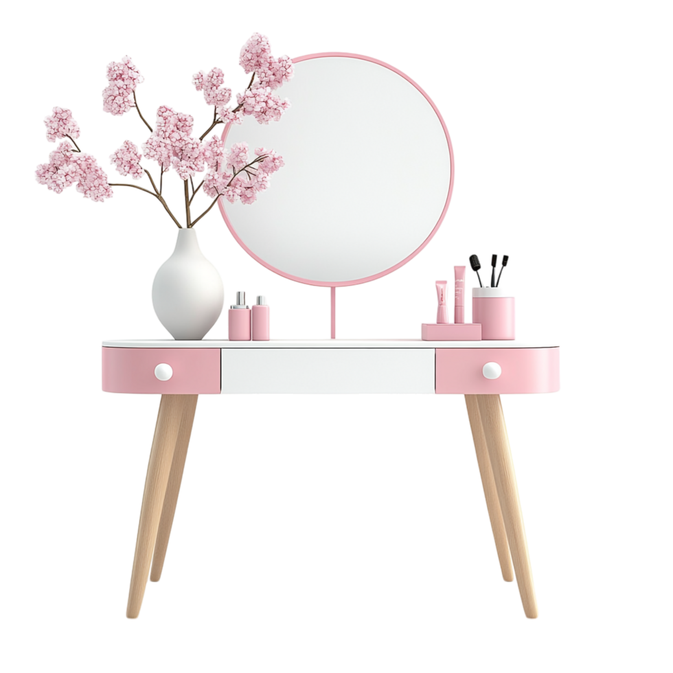 portrait of a vanity table with pink and white decor on a transparent background png