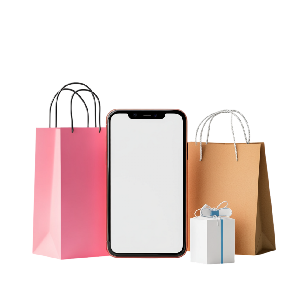 image of a smartphone mockup with shopping bags and products png
