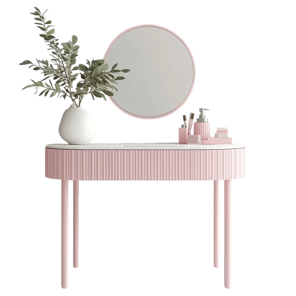portrait of a vanity table with pink and white decor on a transparent background png
