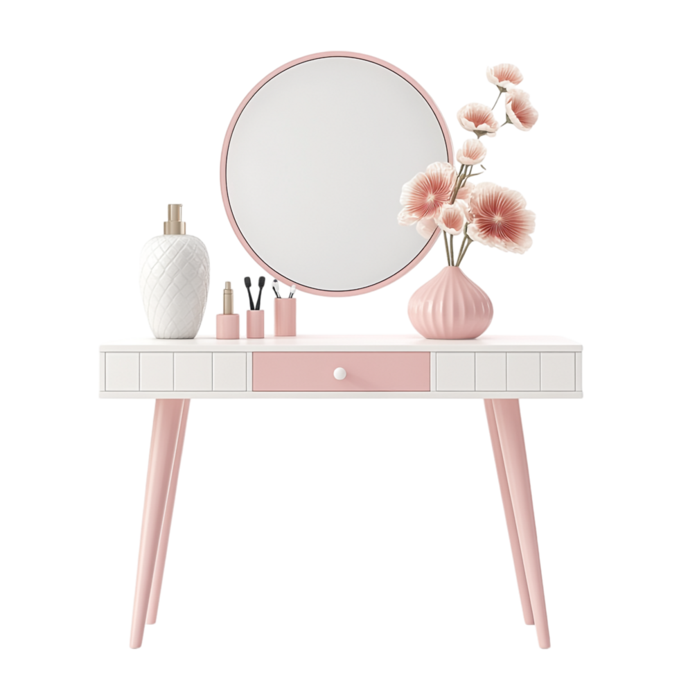 portrait of a vanity table with pink and white decor on a transparent background png