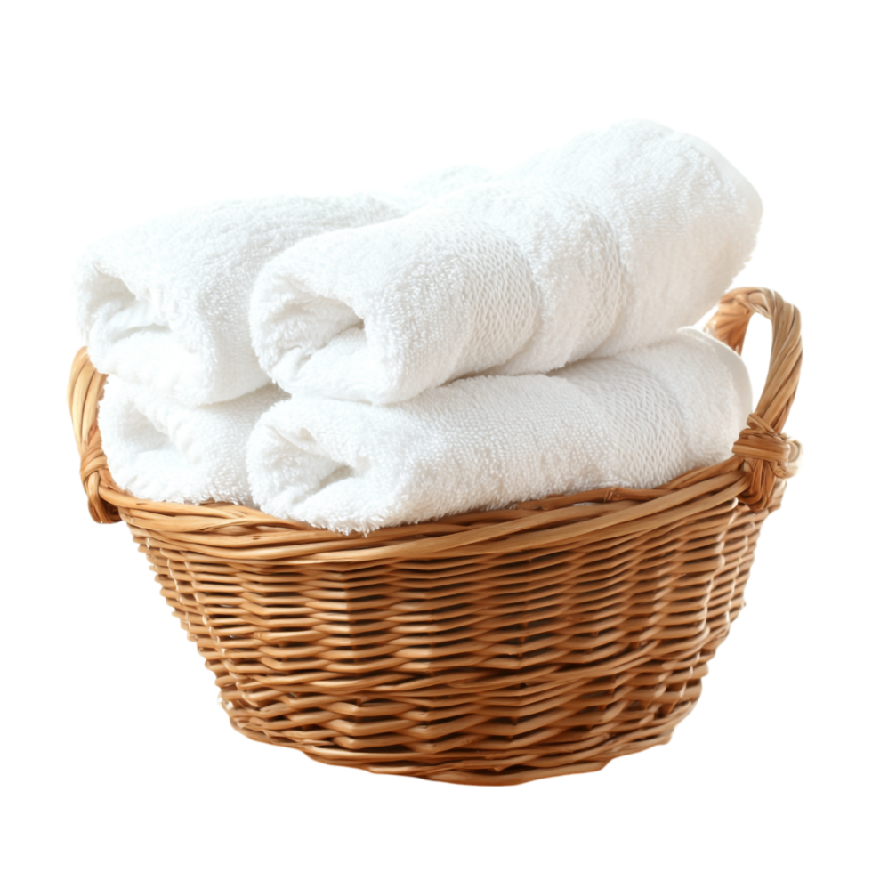 A basket with three white towels in it png